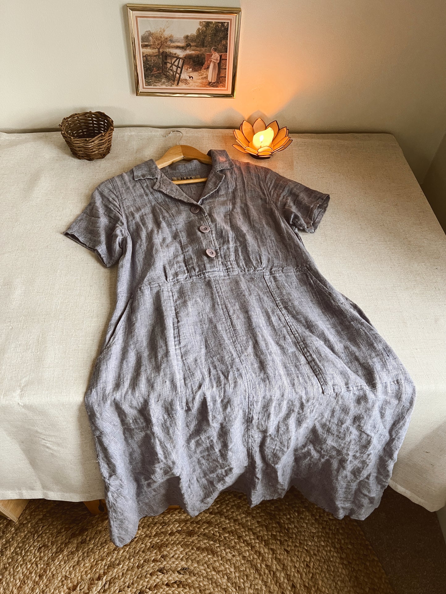 Vtg Flax Linen Dress (M)