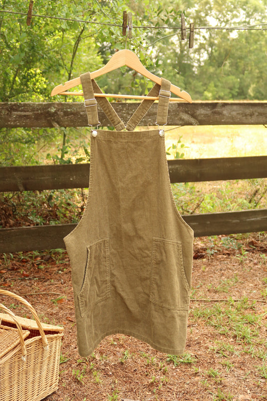 Olive Corduroy Overall Dress (M)